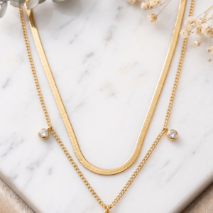 Gleaming Layered Herringbone & Solitaire Necklace