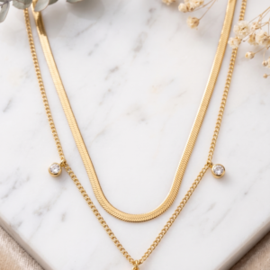 Gleaming Layered Herringbone & Solitaire Necklace